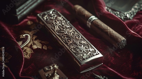 A classic cigar lighter with an engraved silver design displayed on a plush velvet table runner against a backdrop of deep burgundy, exuding elegance and sophistication in the smoking ritual.