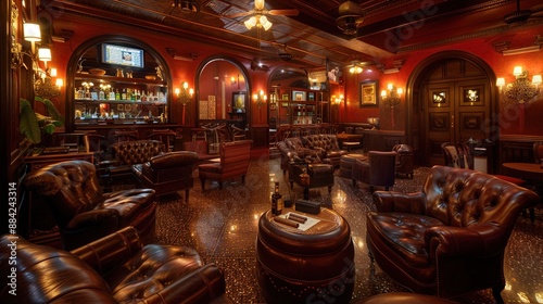 A Cuban cigar lounge with plush leather chairs and glowing sconces, against a backdrop of deep wine red, inviting relaxation and camaraderie among connoisseurs.