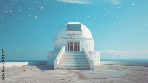 A celestial observatory where astronomers study the movements of the stars, in white background