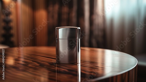 A sleek silver cigar lighter placed delicately on a polished wooden table against a backdrop of deep mahogany, ready to ignite moments of indulgence and relaxation.