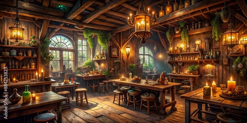 A warm, dimly lit tavern interior filled with rustic wooden decor, mystical artifacts, and fantastical creatures, evoking a sense of wonder and ancient wisdom.