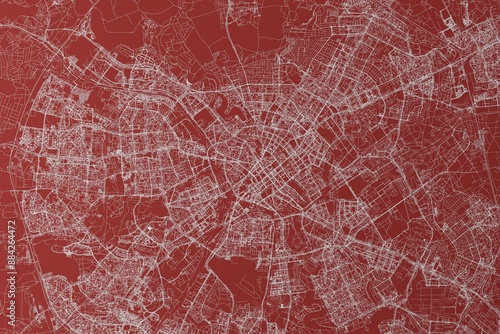 Map of the streets of Minsk (Belarus) made with white lines on red background. Top view. 3d render, illustration