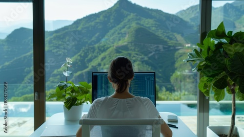 Woman in a modern home office with a serene view, comfortably managing her investments, [home investment], [calm finance management]