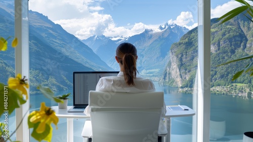 Woman in a modern home office with a serene view, comfortably managing her investments, [home investment], [calm finance management]