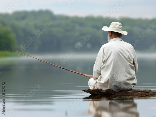 Man fishing on a quiet lake, thinking about his successful investments, [leisure time], [investment success]