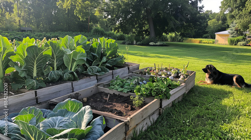 Lush vegetable garden with raised beds and dog lounging in sunny backyard