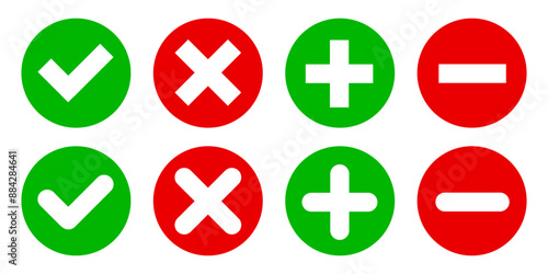 Check mark, x mark, plus and minus symbol set in circle shape