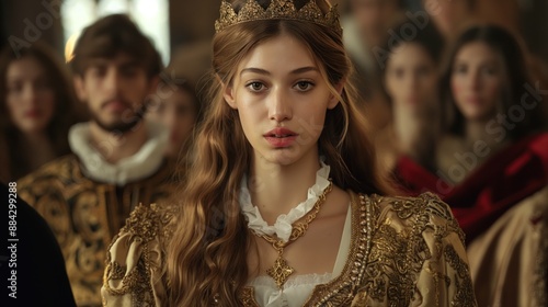 A young queen, adorned in gold and jewels, stands in a medieval court, with blurred figures of courtiers behind her