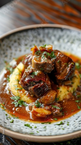 Delicious braised short ribs served with a rich gravy on a bed of creamy polenta in an elegant plate.