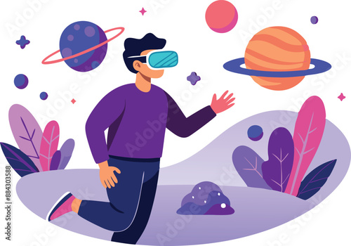 Illustration of a man using a virtual reality headset, exploring outer space in a colorful and imaginative digital environment with planets and foliage.