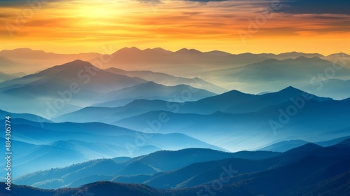 breathtaking view of a mountain range bathed in the warm hues of a setting sun with layers of peaks fading into the distance