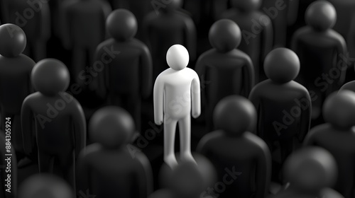 Digital 3D depicting a single white figure standing out among a sea of black figures symbolizing the influence and impact that individuality can have within a conformist environment