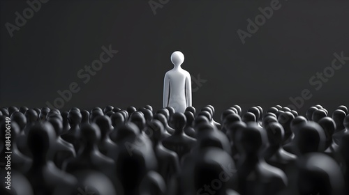 CGI of a singular white figure rising above a sea of black figures conveying the concept of standing out leading the way and embracing individuality within a conformist environment