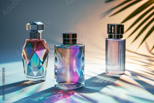 Collection of elegant perfume bottles with prism effect, casting colorful reflections and shadows, creating luxurious ambiance