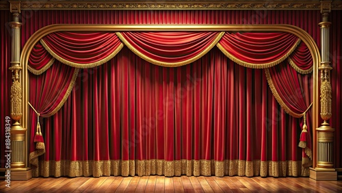 Curtain with red drapery and gold edging on stage in theater , theater, stage, curtain, red, drapery, gold, edging