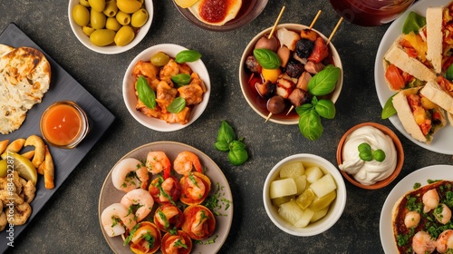 Overhead view of a table with an assortment of tapas and fresh sangria