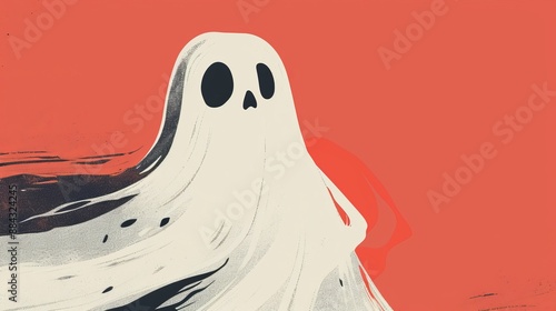 A whimsical, cartoon ghost with a surprised expression floats against a bold orange background, bringing a playful twist to the traditionally spooky figure.