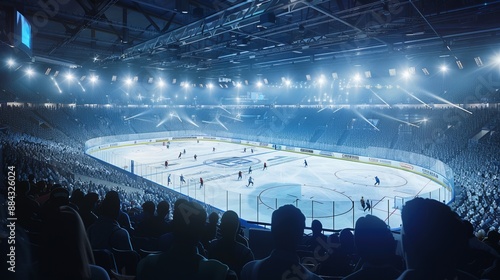 A breathtaking view of a large ice hockey arena packed with spectators, with teams playing on a visibly frozen ice surface under bright stadium lights.