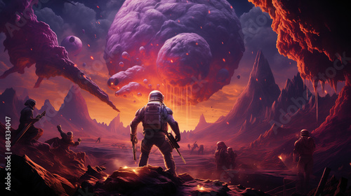 an epic action movie poster featuring a planet of the grapes, a volcano with grape lava, guys in space suits fighting grapes, a grape man riding a horse, a purple sky, dwane the rock johnson, michelle