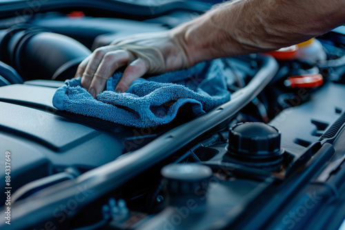 Car mechanic wipes car engine after repairs at car service center. The engine and the mechanic's hand are visible