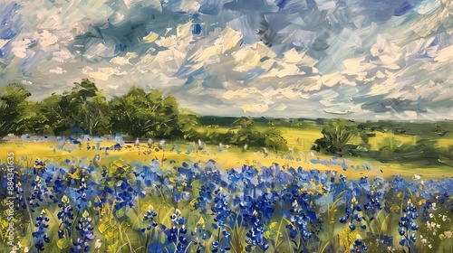 A beautiful oil painting showcasing a field of bluebonnets stretching across a lush landscape underneath a dramatic cloudy sky, capturing the essence of Texas.