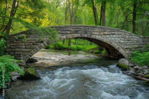 Idyllic scene of an old stone bridge crossing a babbling brook in a lush, green woodland