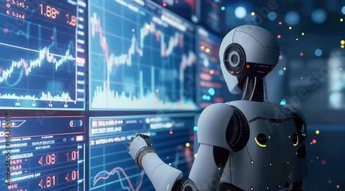 3D rendering of a humanoid robot analyzing a stock market chart with trading charts. Concept of artificial intelligence in financial markets, neon lighting, copy space.