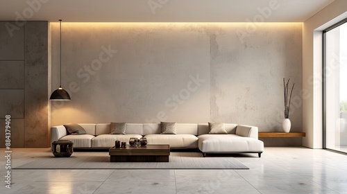 An ultra-modern living room highlighting a long white sofa, minimalist decor, soft ambient lighting, and a wide concrete wall, reflecting sleek and contemporary style.