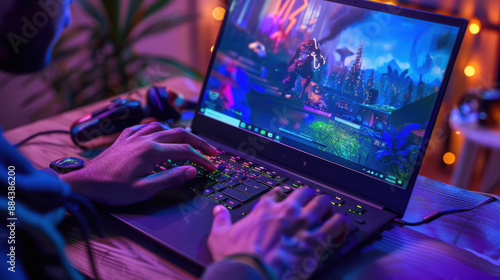 A gamer playing a high-action game on a gaming laptop, with colorful RGB lighting