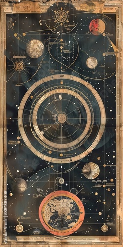 This artistic celestial map features detailed representations of planets, their orbits, and intricate scientific elements, making it visually captivating.