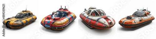 A lineup of colorful futuristic hovercrafts with unique designs, highlighting advanced transportation technology and creative engineering concepts.