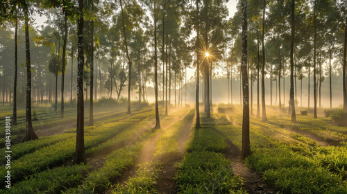 A serene rubber plantation at sunrise, with rows of trees and morning mist