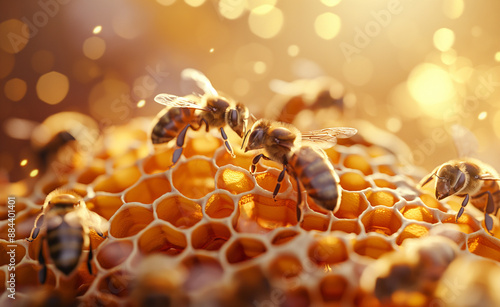 Bees working on honeycomb with honey in a close-up shot.