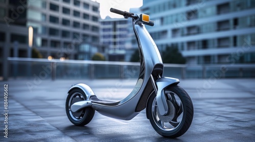 A premium electric scooter with a sleek design, set against an urban backdrop.