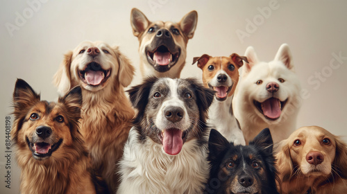 A group of different dogs smiling at the camera.