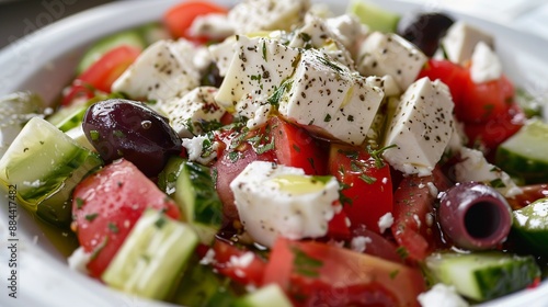 Shot of greek salad with feta olives and cucumber