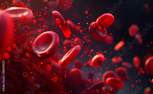 Detailed close-up of red blood cells flowing through a vessel.