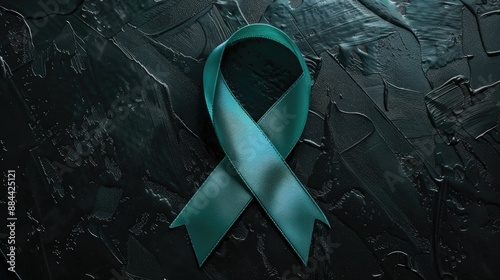 Teal ribbon symbol on black background supporting ovarian cancer awareness