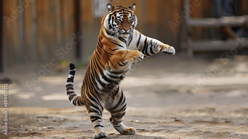 A photo of a playful tiger standing on its hind legs in a natural habitat, showcasing its strength and agility in a cheerful and lively moment, indicative of vibrant energy.