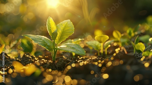 Close Up of a Young Plant Bathed in Morning Light. Embracing the Energy of New Beginnings. Cultivating Agriculture and Eco Living