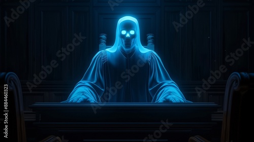 An apparition in a judges robe, presiding over a ghostly courtroom, Legal, Dark Tones, Hyperrealistic