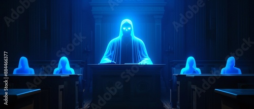 A specter in a judges robe, presiding over a ghostly courtroom with spectral jurors, Paranormal, Dark Hues, Cinematic