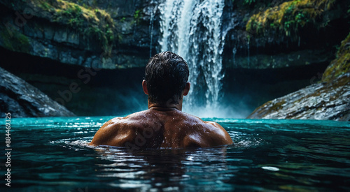 Back View of Man Swimming in Crystal Clear Water Towards a Waterfall