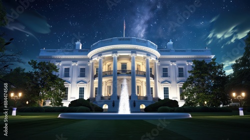 An artistic rendering of the White House lit up at night, symbolizing the end of the election cycle