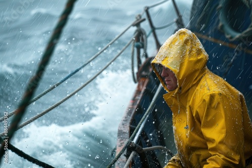 fisherman in a yellow raincoat on board a fishing boat during a storm dynamic scene