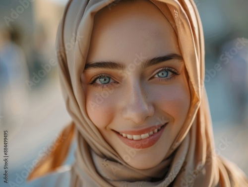 A woman wearing a headscarf smiles directly at the camera, conveying confidence and warmth