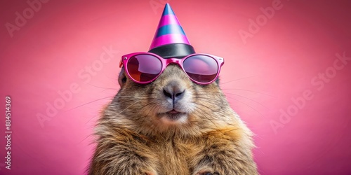 A Prairie Dog Wearing Pink Sunglasses and a Party Hat, Close-up Portrait, Animal, Cute, Funny , Birthday , Party