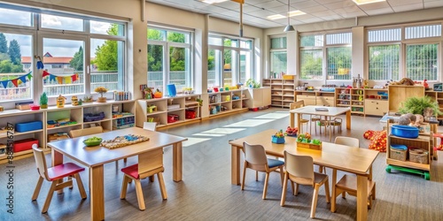 Bright and Spacious Kindergarten Classroom with Wooden Furniture and Large Windows, Classroom, Kindergarten, Childcare, Preschool