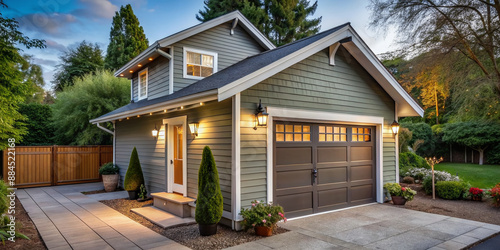 A cozy detached garage converted into a small separate dwelling unit on a suburban property, showcasing the concept of accessory dwelling units and flexible living spaces.