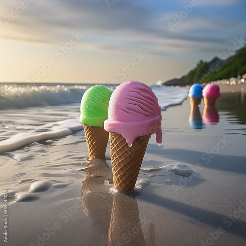 鮮やかな色のアイスクリームが溶け始めた夏の午後